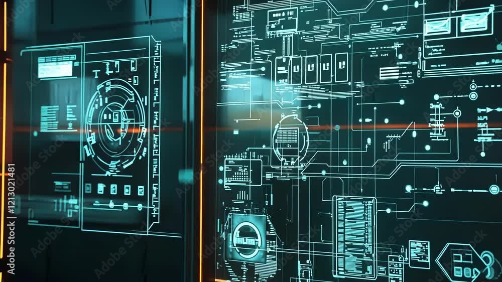 Poster complex digital schematics and data are displayed on a futuristic control panel within an industrial