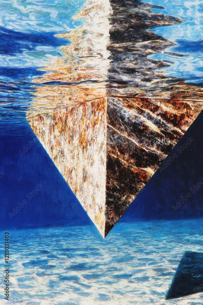 Poster submerged geometric pyramid reflecting in tranquil waters creating a surreal abstract ocean scene wi