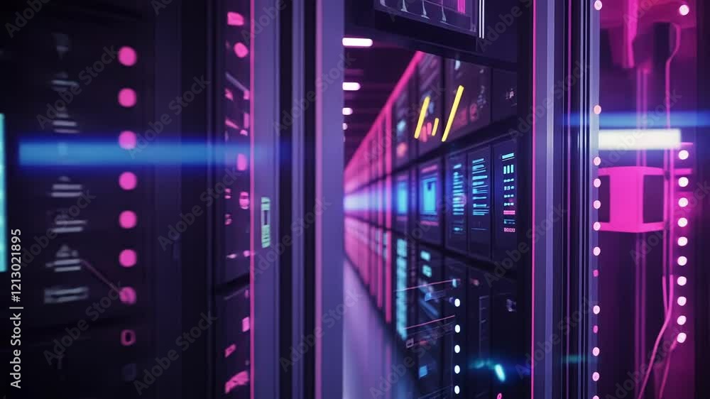 Poster server racks flashing with purple and blue lights processing big data in a modern data center, highl