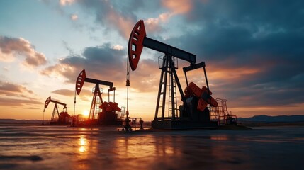 Stunning Sunset Over Oil Pumps in a Dramatic Sky with Silhouetted Machinery and Vibrant Colors
