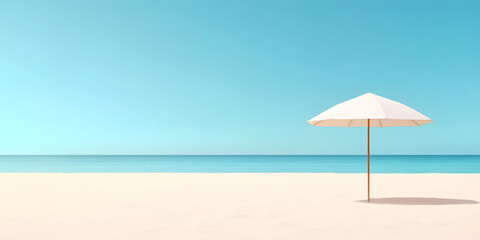 White beach umbrella on a pristine sandy beach with calm turquoise water and a clear blue sky. Perfect summer vacation spot!