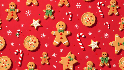 Gingerbread cookies, striped candy canes, and sparkling snowflakes come together in a seamless pattern on a bright red background, exuding a cheerful