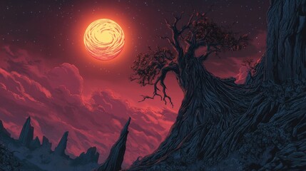 Fototapeta premium Ancient Tree Underneath a Crimson Night Sky