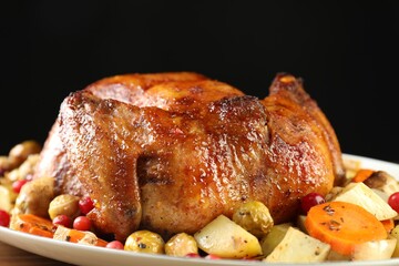 Delicious baked turkey, vegetables and cranberries on table against black background, closeup