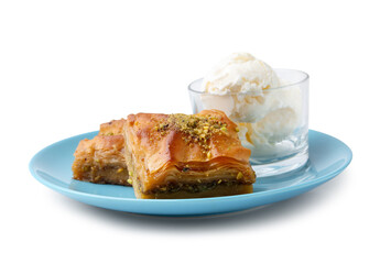 Tasty baklava with chopped nuts and scoops of ice cream isolated on white