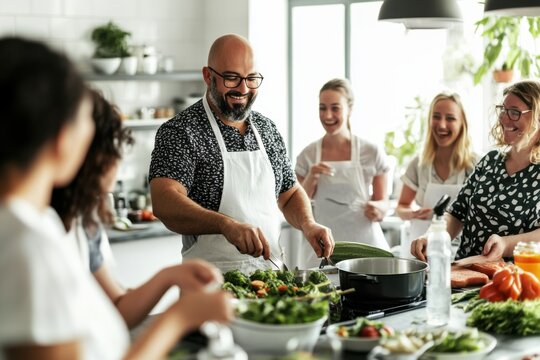 A vegan cooking class, in a bright, open kitchen