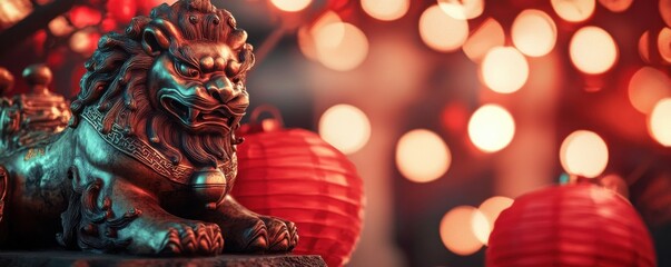 Fototapeta premium Traditional Chinese dragon and lanterns for Lunar New Year. Wide format perfect for web and email banners. 3D rendered oriental dragon with bokeh lights and festive decorations for digital marketing