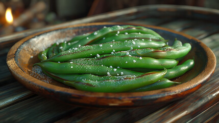 Grilled green beans with sea salt on a wooden plate