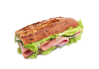 Baguette sandwich with ham isolated on white