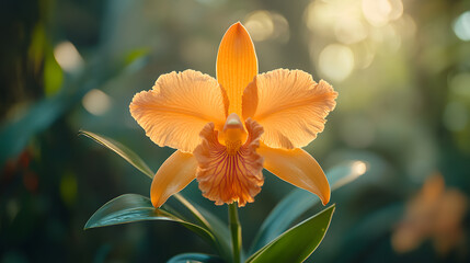 A bold orange orchid illuminated by golden light, with a blurred jungle background of soft green hues, during an early morning