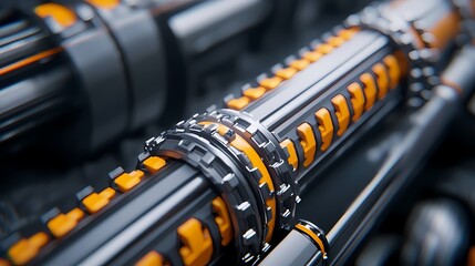 A close-up view of intricate mechanical components featuring black and orange elements, highlighting detailed engineering and design.