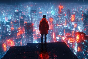 Fototapeta premium Person Observes Futuristic Cityscape at Night: A Digital Art Exploration of Urban Environments and Technological Advancement