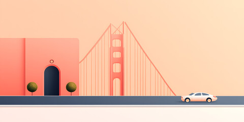 A minimalist illustration of a city scene featuring a suspension bridge and a car.