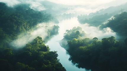 Fototapeta premium Misty River Flows Through Lush Green Rainforest Valley