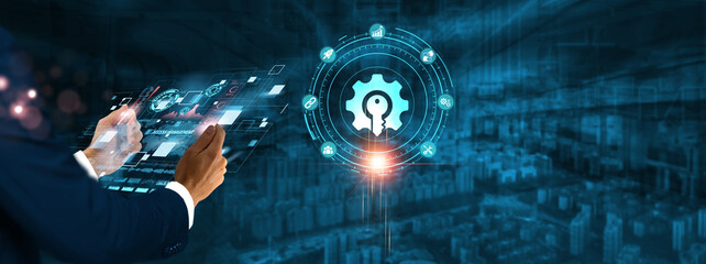 Access Management: Businessman holding virtual interface panel of digital device on global...