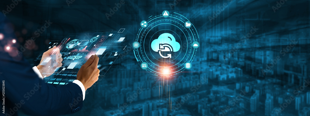 Poster backup: businessman holding virtual interface panel of digital device on global networking, data pro