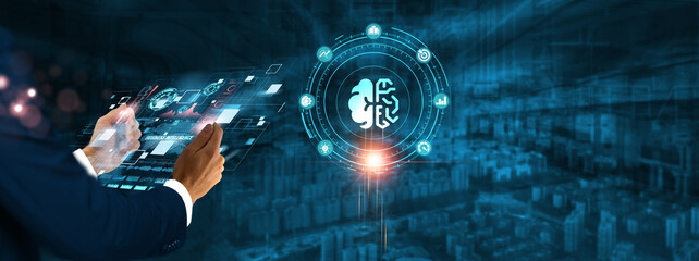 Business Intelligence (BI): Businessman holding virtual interface panel of digital device on global networking, data analysis, decision-making, and predictive analytics technology in futuristic.