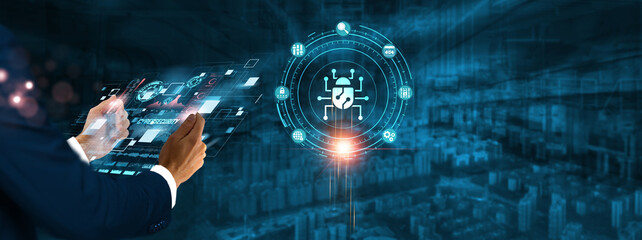 Cybersecurity: Businessman holding virtual interface panel of digital device on global networking, data protection, threat detection, risk management, and cybersecurity technology in futuristic.