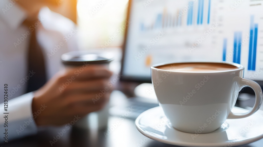 Poster morning coffee break during work with a computer with a graph on the screen at the office