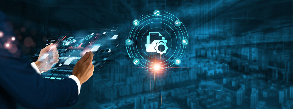Document Management: Businessman holding virtual interface panel of digital device on global networking, workflow automation, cloud storage, and document processing technology in futuristic.