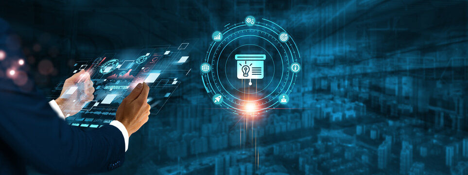 Introduction: Businessman holding virtual interface panel of digital device on global networking, technology, innovation, digital transformation, connectivity, and futuristic technology in futuristic.