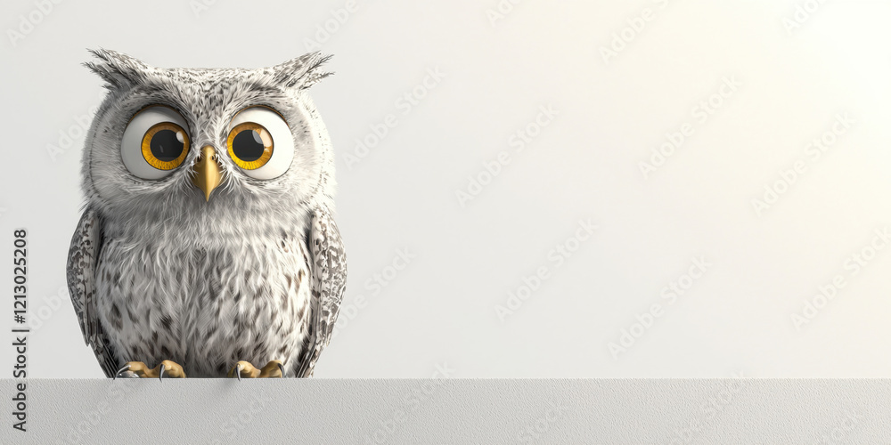 Poster a quirky owl with a comical, surprised expression, perched gracefully, set against a minimal white b