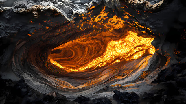 Lava flows through a darkened cavern illuminated by flickering embers, volcanic, darkness, lava. Lava Caves. Illustration