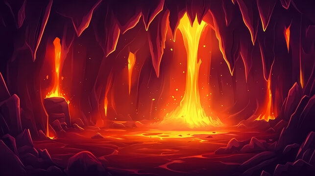 Lava flows through a darkened cavern illuminated by flickering embers, ash, flames, lava. Lava Caves. Illustration