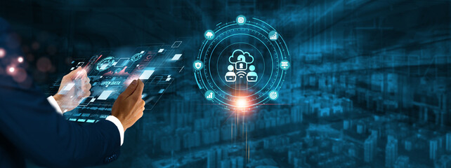 Open Data: Businessman holding virtual interface panel of digital device on global networking,...