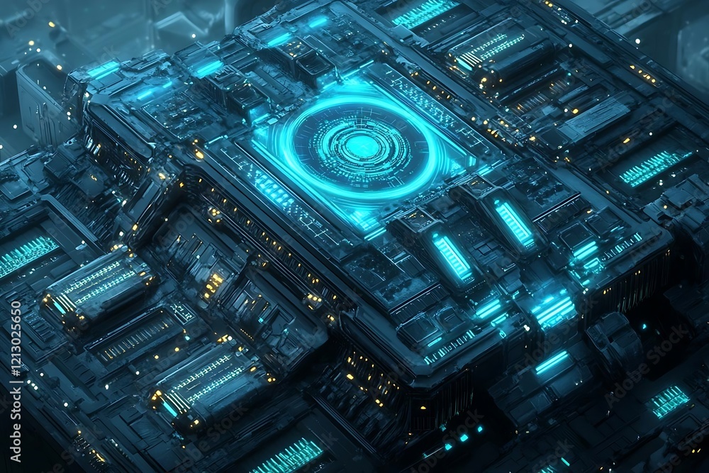 Poster futuristic technological cube with glowing cyan circuits and central interface.