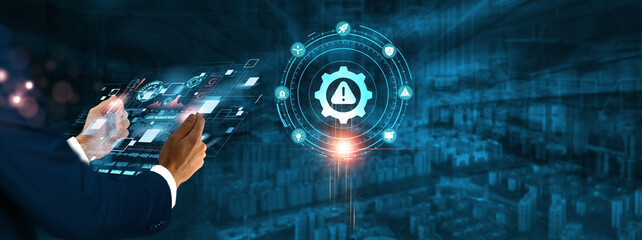 Risk Management: Businessman holding virtual interface panel of digital device on global networking, assessment, mitigation, analysis, strategy, and security technology in futuristic.