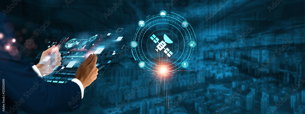 Poster telecommunications: businessman holding virtual interface panel of digital device on global networki