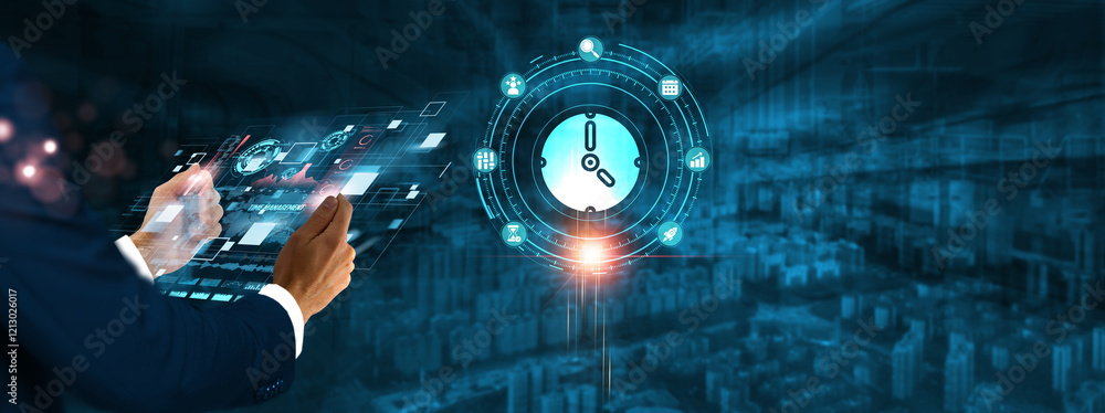 Poster time management: businessman holding virtual interface panel of digital device on global networking,