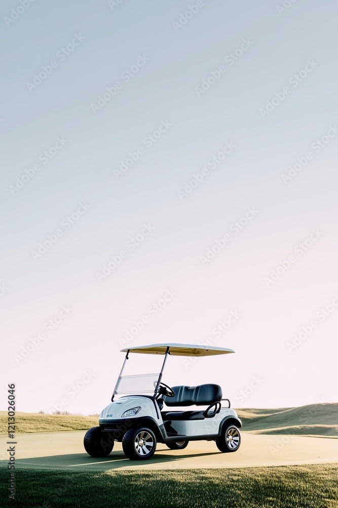 Poster serene view of golf cart parked on edge of course light casting soft shadows with generous copy spac