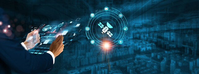 Telecommunications: Businessman holding virtual interface panel of digital device on global networking, connectivity, signal processing, wireless communication, and broadband technology in futuristic.