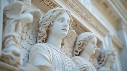 Close-up of detailed carvings on a church’s exterior featuring angelic sculptures. Concept of craftsmanship, devotion, and architectural legacy during Jubilee 2025