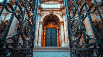Close-up of an ornate wrought-iron gate leading to a majestic church entrance. Concept of tradition, sacred passage, and historical grandeur during Jubilee 2025