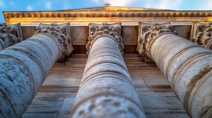 Looking up at the grand stone columns of a church under a blue sky. Concept of faith, grandeur, and Roman architecture during Jubilee 2025