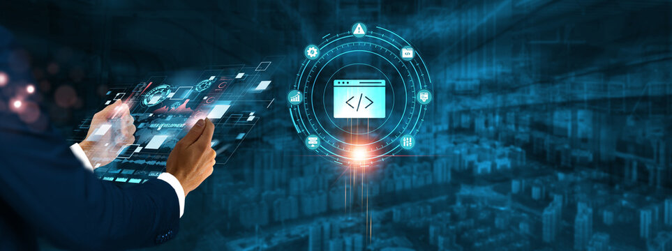 Web Development: Businessman holding virtual interface panel of digital device on global networking, coding, design, optimization, user experience, and responsive technology in futuristic. - Powered by Adobe