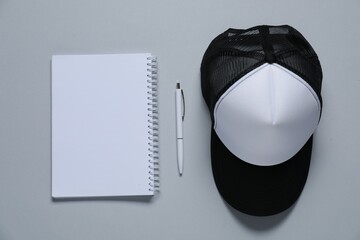 Different blank items for branding on gray background, flat lay. Mockup for design