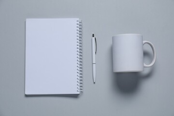 Different blank items for branding on gray background, flat lay. Mockup for design