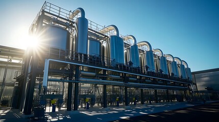 Modern industrial facility with gleaming stainless steel distillation columns under bright sunlight.
