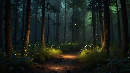 Obraz premium Enchanted forest glowing with fireflies.