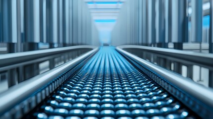 A futuristic conveyor belt stretches into the distance, illuminated by soft blue lighting, showcasing a sleek, industrial design.