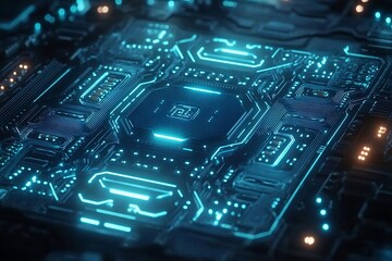 Futuristic glowing circuit board with central processor.