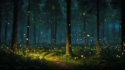 Naklejka premium Enchanted forest glowing with fireflies.