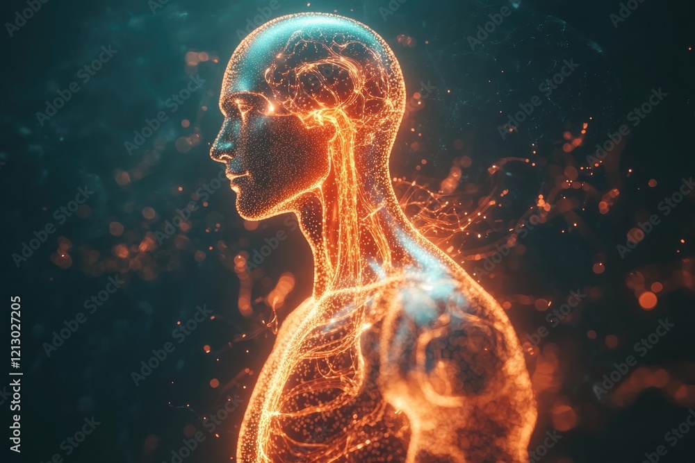 Poster glowing 3d rendering of human circulatory system in motion displayed against transparent body outlin