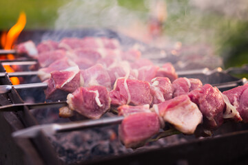 Delicious juicy shashlik on skewers, cooked on the grill