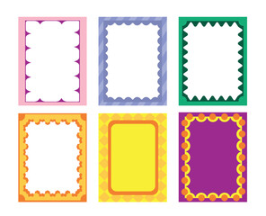 Set of beautiful photo frames in cartoon style. Vector illustration of colored rectangular vertical frames with different patterns, ornaments isolated on white background. Frames for text. Templates.