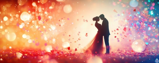 Timeless wedding scene capturing an intimate moment between newlyweds as they embrace in a dreamy atmosphere of soft bokeh lighting, creating an ethereal romantic mood perfect for luxury celebrations.